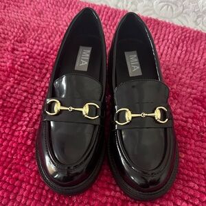 MIA Glossy Black NADIRA Loafers with Gold Buckles